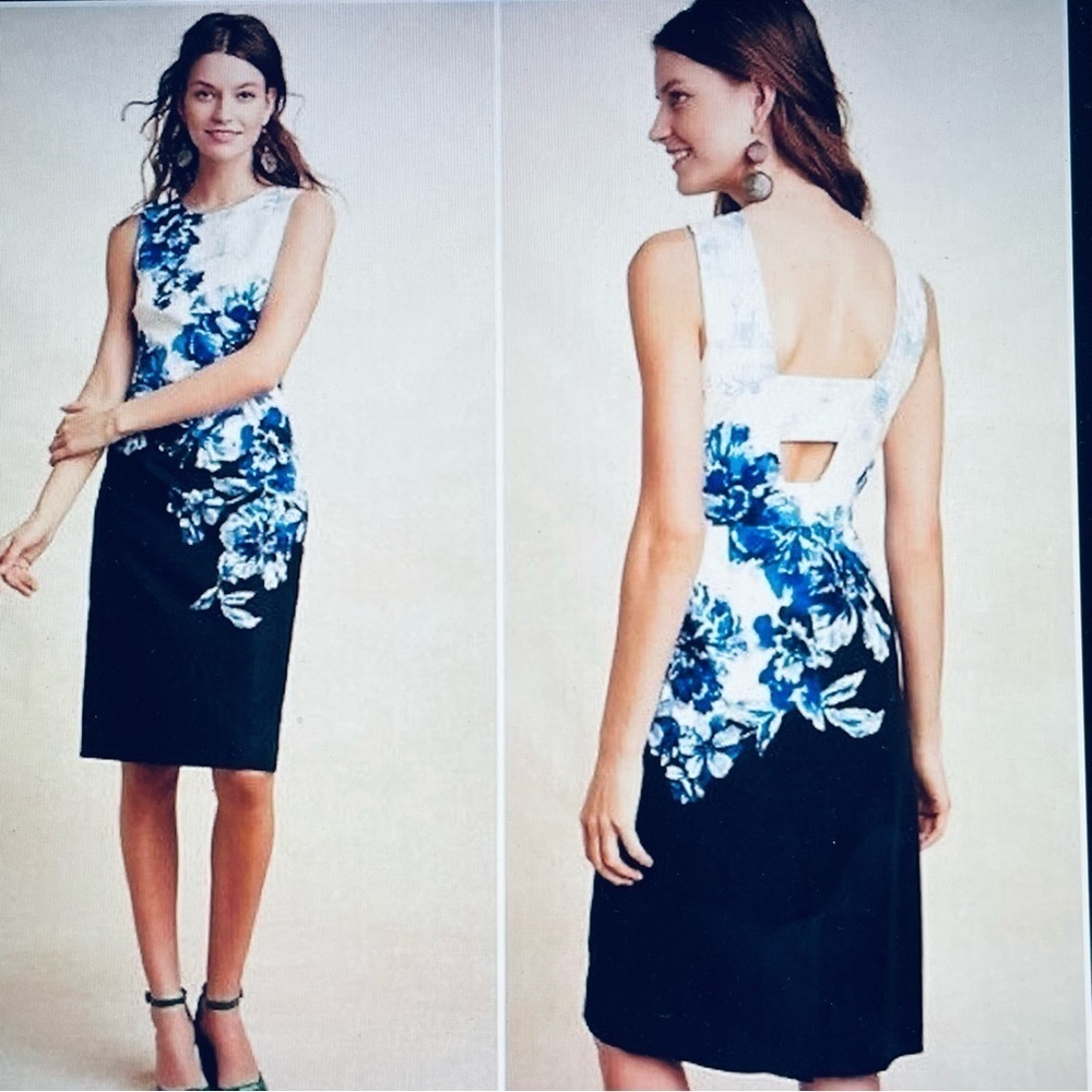 Anthropologie Vanda Dress Midi Floral Blue White Sateen Sheath Size 2 office boh